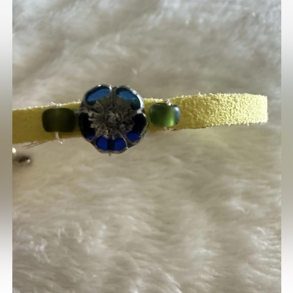 Handmade Yellow Faux Suede Czech Glass Blue Flower Bracelet Boho